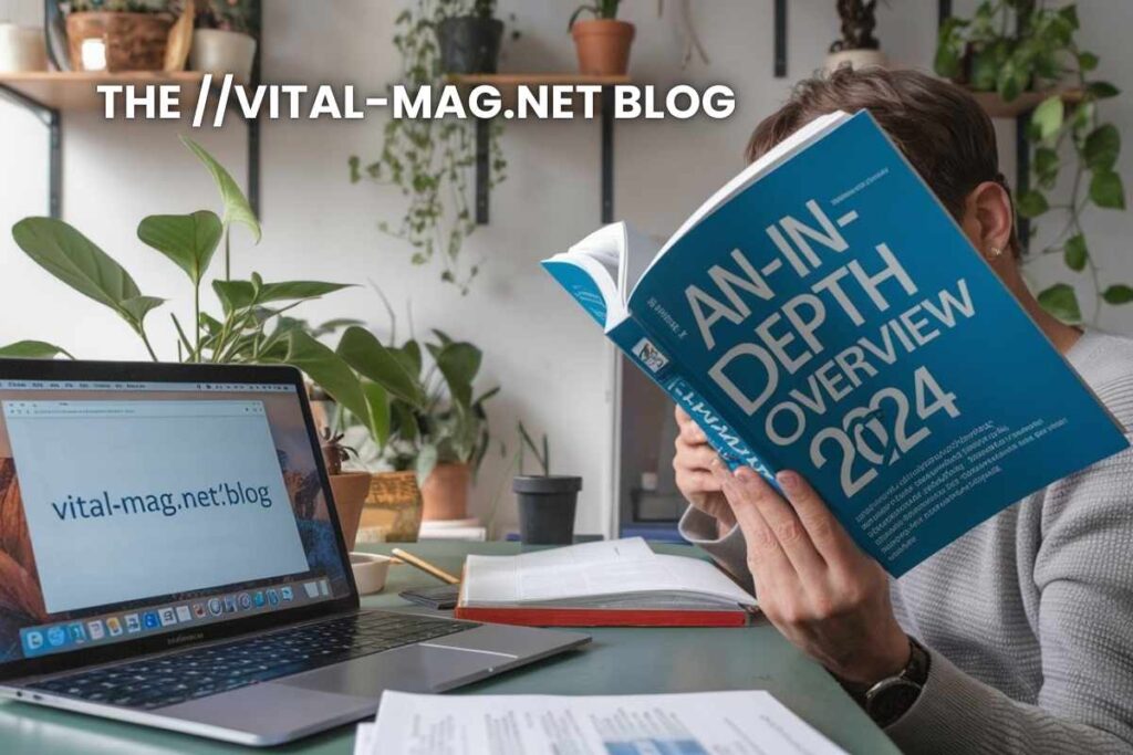 Man reading a book titled 'An In-Depth Overview 2024' next to a laptop displaying vital-mag.net blog.