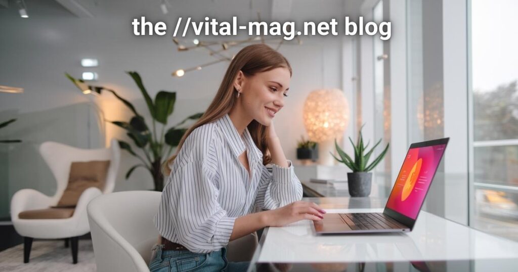 Young woman working on laptop in a modern, well-lit office while browsing the vital-mag.net blog.