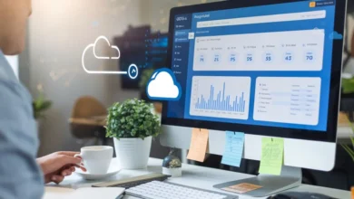 A photo of a professional workspace with a focus on cloud-based payroll management. There is a computer screen displaying a sleek,user-friendly payroll software dashboard. The screen has graphs, charts, and automated calculations visible. There is a cup of coffee, a notepad, and a plant on the desk. The background contains subtle hints of cloud icons or digital connections. The overall image has an efficient, modern, and professional feel.