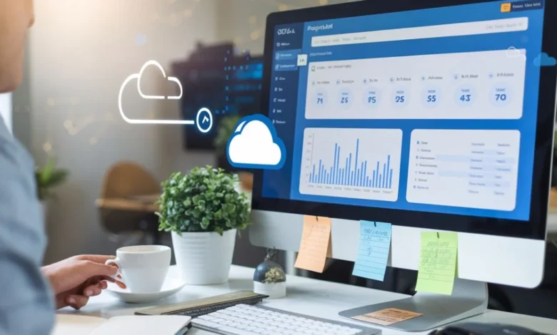 A photo of a professional workspace with a focus on cloud-based payroll management. There is a computer screen displaying a sleek,user-friendly payroll software dashboard. The screen has graphs, charts, and automated calculations visible. There is a cup of coffee, a notepad, and a plant on the desk. The background contains subtle hints of cloud icons or digital connections. The overall image has an efficient, modern, and professional feel.