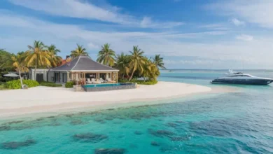 Make1m.com Luxury Vacations overwater bungalows with thatched roofs on a secluded Maldivian island, available for booking on make1m.com. Palm trees surround the bungalows, and a private beach with clear turquoise water beckons