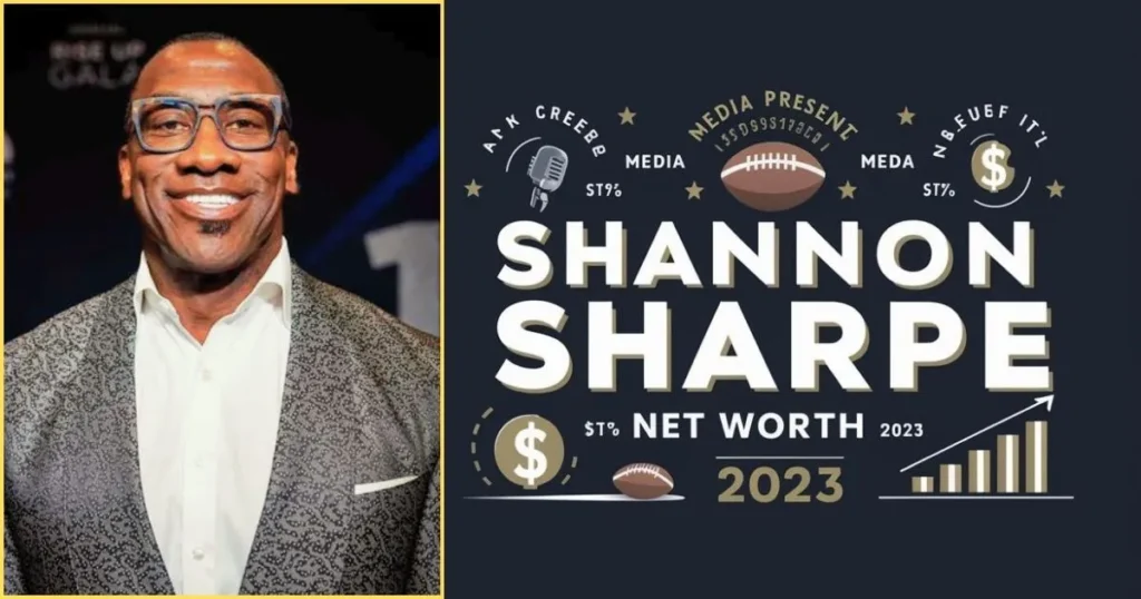 This image shows Shannon Sharpe, a prominent figure known for his role in sports commentary, wearing a stylish silver patterned suit and glasses. Next to him is a graphic with the text "Shannon Sharpe Net Worth 2023," accompanied by various icons including a football, microphone, dollar signs, and an upward growth chart, all representing his media presence and financial success. The design has a sleek, modern look with a dark background and gold accents.