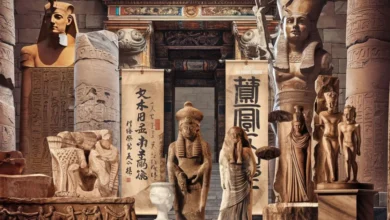 Ancient Artz: An intricate and diverse display of ancient cultural artifacts and statues from various civilizations, positioned within a grand, historical setting. The scene includes detailed carvings on stone pillars and sculptures, representing Egyptian, Greco-Roman, and Asian influences. Hieroglyphs and ancient Chinese calligraphy scrolls are prominently featured alongside statues of deities and historical figures. The background showcases an ornately decorated stone archway, suggesting a connection between these cultures in a timeless, archaeological setting.