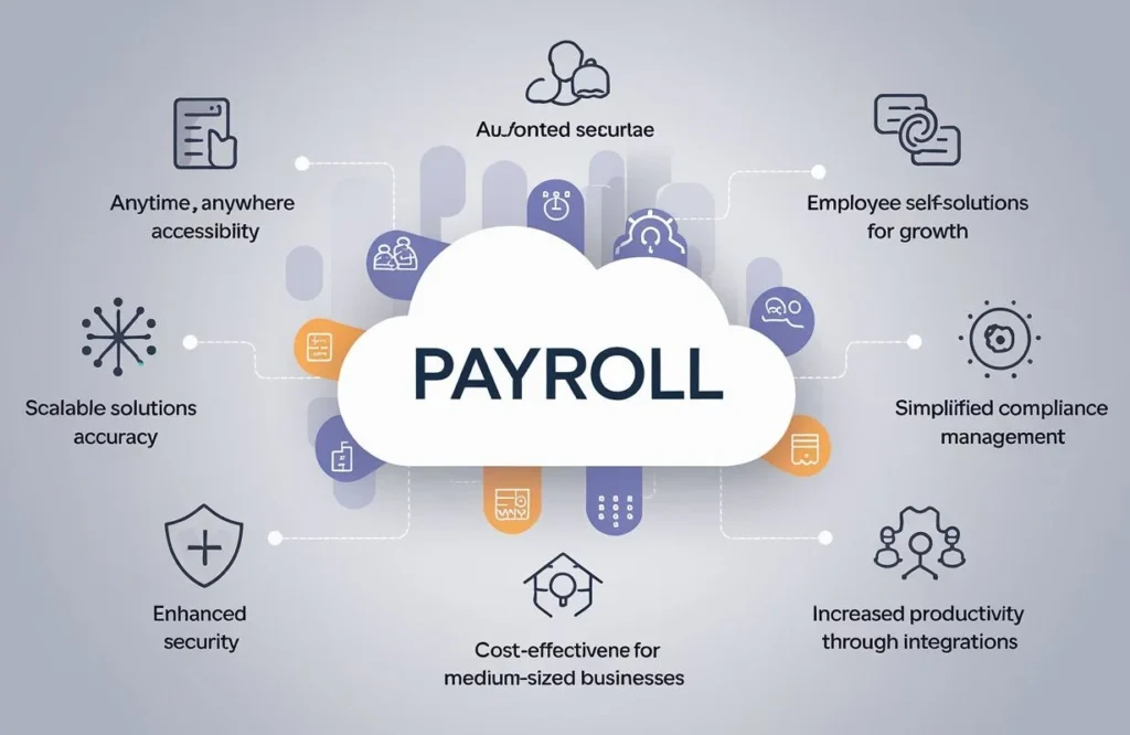 Infographic showcasing the benefits of cloud-based payroll software, including flexibility, accuracy, scalability, cost savings, and enhanced security features.