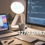 Modern workspace with a laptop displaying '127.0.0.1:62893' in the browser, alongside code on a desktop monitor. Clean, professional setup with coffee and notepad, representing local development.