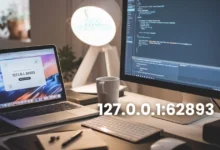 Modern workspace with a laptop displaying '127.0.0.1:62893' in the browser, alongside code on a desktop monitor. Clean, professional setup with coffee and notepad, representing local development.