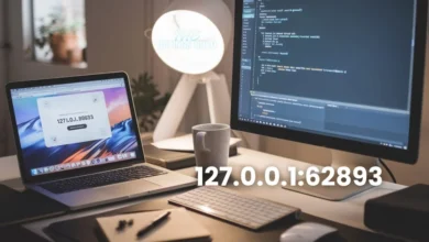 Modern workspace with a laptop displaying '127.0.0.1:62893' in the browser, alongside code on a desktop monitor. Clean, professional setup with coffee and notepad, representing local development.