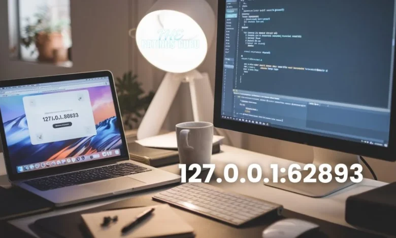 Modern workspace with a laptop displaying '127.0.0.1:62893' in the browser, alongside code on a desktop monitor. Clean, professional setup with coffee and notepad, representing local development.