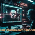 An eerie depiction of cursed-memes.com technology, showing a glitchy computer screen with distorted and unsettling memes. The image captures the dark side of digital humor and innovation, with cryptic symbols and AI-generated visuals, highlighting the role of technology in creating and spreading cursed memes.