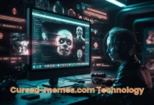 An eerie depiction of cursed-memes.com technology, showing a glitchy computer screen with distorted and unsettling memes. The image captures the dark side of digital humor and innovation, with cryptic symbols and AI-generated visuals, highlighting the role of technology in creating and spreading cursed memes.