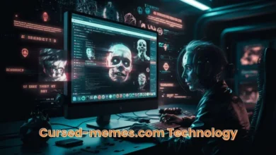 An eerie depiction of cursed-memes.com technology, showing a glitchy computer screen with distorted and unsettling memes. The image captures the dark side of digital humor and innovation, with cryptic symbols and AI-generated visuals, highlighting the role of technology in creating and spreading cursed memes.