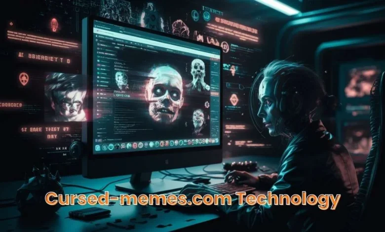 An eerie depiction of cursed-memes.com technology, showing a glitchy computer screen with distorted and unsettling memes. The image captures the dark side of digital humor and innovation, with cryptic symbols and AI-generated visuals, highlighting the role of technology in creating and spreading cursed memes.