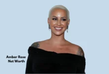 Amber Rose smiling in a black off-shoulder outfit with the phrase 'Amber Rose Net Worth' written beside her, reflecting her successful career in modeling, acting, and entrepreneurship.