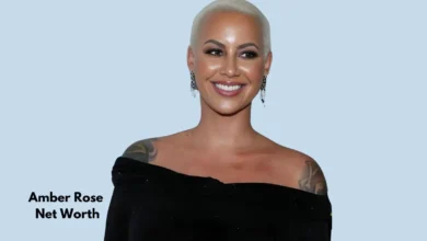 Amber Rose smiling in a black off-shoulder outfit with the phrase 'Amber Rose Net Worth' written beside her, reflecting her successful career in modeling, acting, and entrepreneurship.