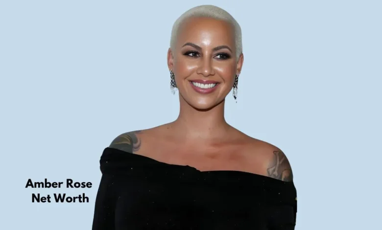 Amber Rose smiling in a black off-shoulder outfit with the phrase 'Amber Rose Net Worth' written beside her, reflecting her successful career in modeling, acting, and entrepreneurship.