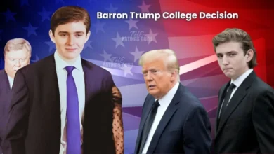 Image featuring Barron Trump alongside former President Donald Trump, with a background of the American flag and the text 'Barron Trump College Decision.