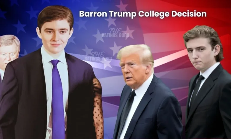 Image featuring Barron Trump alongside former President Donald Trump, with a background of the American flag and the text 'Barron Trump College Decision.