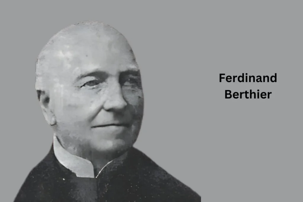 A black and white portrait of Ferdinand Berthier, an older gentleman with a calm expression. He is wearing formal attire with a high-collared shirt and coat. His face shows signs of age, but his eyes exude wisdom and serenity.