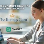 A beautiful young woman using ChatGPT on her laptop, with a visible 'The Ratings Guru' logo in the corner. The laptop screen shows her asking, 'How to Ask ChatGPT about The Laws of Family Court.' The setting is modern and well-lit, with the logo positioned subtly in the top right corner.