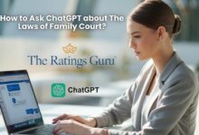 A beautiful young woman using ChatGPT on her laptop, with a visible 'The Ratings Guru' logo in the corner. The laptop screen shows her asking, 'How to Ask ChatGPT about The Laws of Family Court.' The setting is modern and well-lit, with the logo positioned subtly in the top right corner.