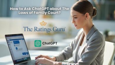 A beautiful young woman using ChatGPT on her laptop, with a visible 'The Ratings Guru' logo in the corner. The laptop screen shows her asking, 'How to Ask ChatGPT about The Laws of Family Court.' The setting is modern and well-lit, with the logo positioned subtly in the top right corner.