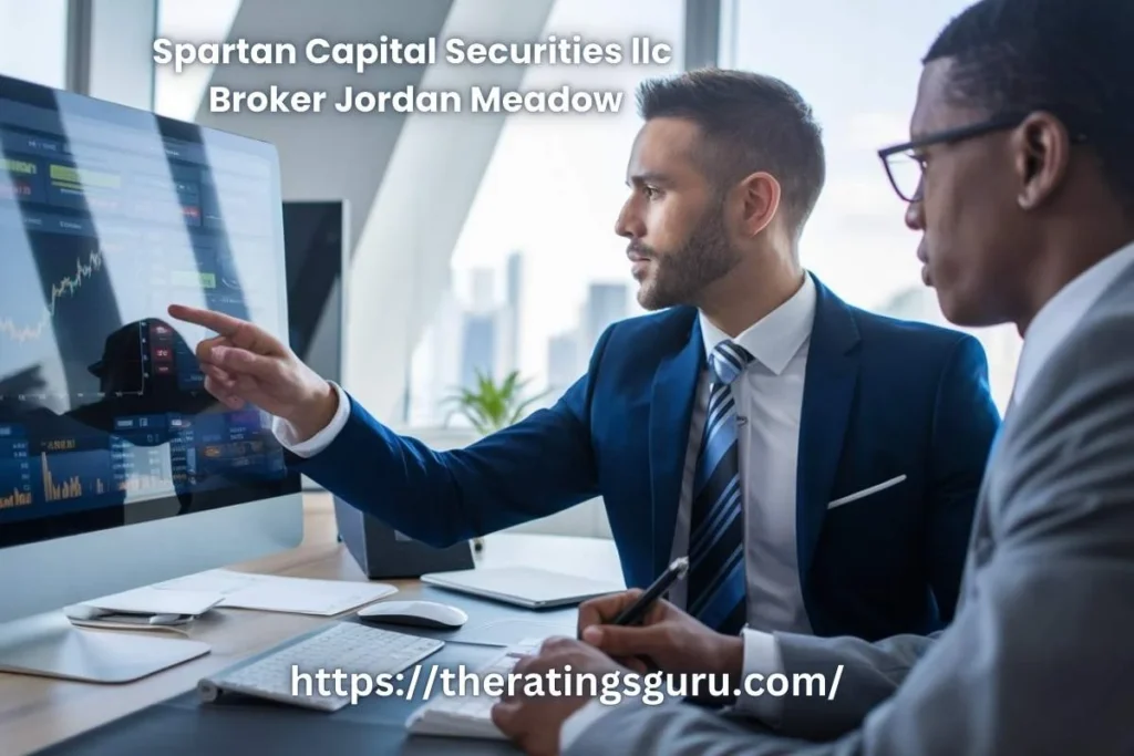 Spartan Capital Securities LLC broker Jordan Meadow providing financial advice, reviewing market trends with a client in a modern office setting.