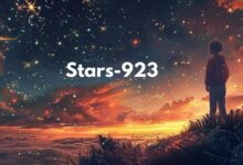 A child standing on a hilltop, gazing at a sky filled with stars and vibrant clouds during sunset, with the text 'Stars-923' written across the night sky.