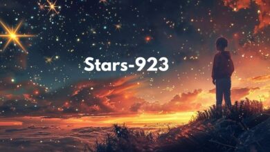 A child standing on a hilltop, gazing at a sky filled with stars and vibrant clouds during sunset, with the text 'Stars-923' written across the night sky.