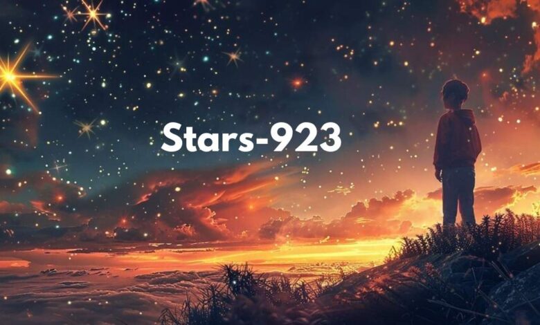 A child standing on a hilltop, gazing at a sky filled with stars and vibrant clouds during sunset, with the text 'Stars-923' written across the night sky.