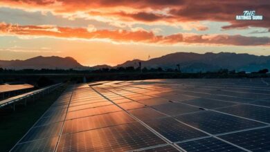 A stunning sunset over a solar panel farm by Hamro Solar LLC, with reflective solar panels glimmering in the foreground and mountains silhouetted in the background.