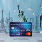 Image of a sleek credit card against a backdrop of famous international landmarks, including the Eiffel Tower, Statue of Liberty, and Tokyo Tower. The card headline reads 'Best Credit Cards for No Foreign Transaction Fee: Top Picks for 2024.' Surrounding the card are icons symbolizing travel and financial savings, such as airplanes, shopping carts, and currency symbols, emphasizing the benefits of using these cards for global purchases without extra fees.