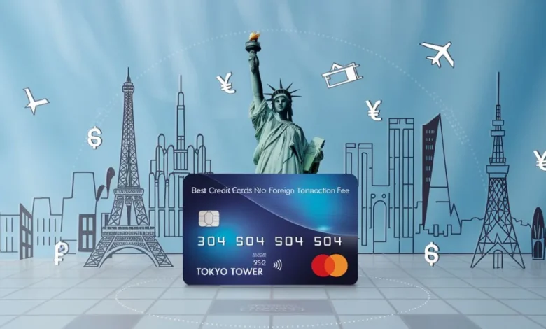 Image of a sleek credit card against a backdrop of famous international landmarks, including the Eiffel Tower, Statue of Liberty, and Tokyo Tower. The card headline reads 'Best Credit Cards for No Foreign Transaction Fee: Top Picks for 2024.' Surrounding the card are icons symbolizing travel and financial savings, such as airplanes, shopping carts, and currency symbols, emphasizing the benefits of using these cards for global purchases without extra fees.