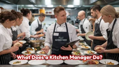 A kitchen manager oversees food preparation, staff coordination, and inventory management in a restaurant kitchen.