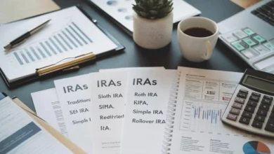 An organized desk featuring financial documents, a retirement planning notebook, a calculator, and tax forms, representing different types of IRAs such as Traditional, Roth, SEP, SIMPLE, and Rollover IRAs. A graph showing financial growth and a cup of coffee highlight strategic retirement planning.