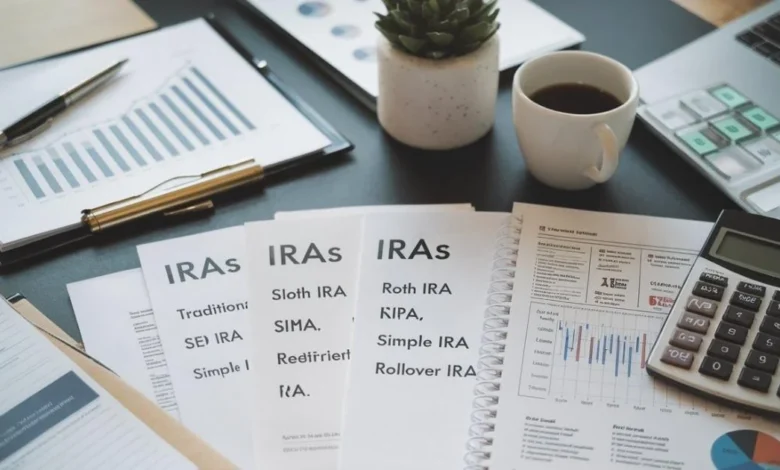 An organized desk featuring financial documents, a retirement planning notebook, a calculator, and tax forms, representing different types of IRAs such as Traditional, Roth, SEP, SIMPLE, and Rollover IRAs. A graph showing financial growth and a cup of coffee highlight strategic retirement planning.