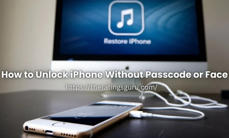 An iPhone connected to a computer showing the option to restore the device using iTunes, demonstrating how to unlock an iPhone without a passcode or Face ID.