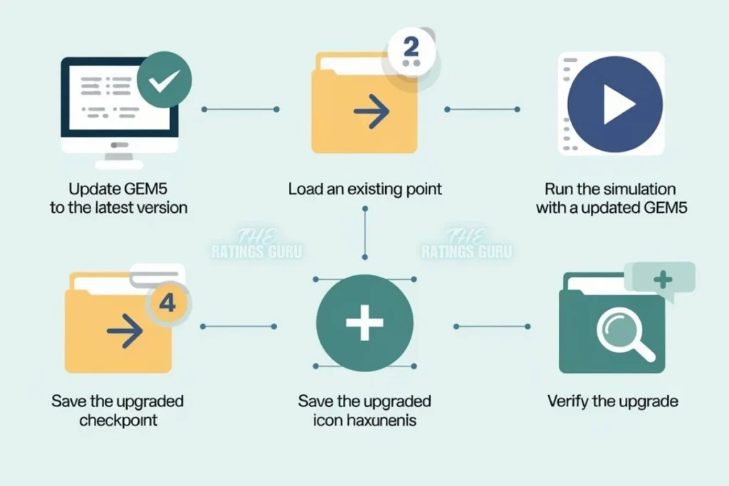 Step-by-step guide on how to use CPT upgrade in gem5: updating gem5, loading a checkpoint, running the simulation, saving the upgraded checkpoint, and verifying the upgrade. Includes clear, labeled icons or illustrations for each step.