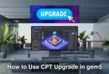 Professional workspace showcasing a computer screen with a gem5 simulation interface, featuring the 'The Ratings Guru' logo and the blog post title 'How to Use CPT Upgrade in gem5.' The image includes elements like computer code, simulation graphs, and technical diagrams to highlight the technical content.