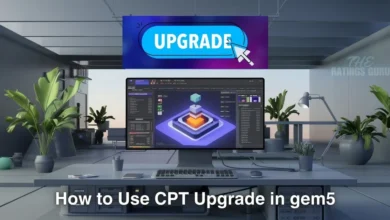 Professional workspace showcasing a computer screen with a gem5 simulation interface, featuring the 'The Ratings Guru' logo and the blog post title 'How to Use CPT Upgrade in gem5.' The image includes elements like computer code, simulation graphs, and technical diagrams to highlight the technical content.