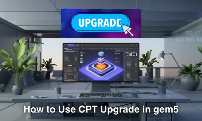 Professional workspace showcasing a computer screen with a gem5 simulation interface, featuring the 'The Ratings Guru' logo and the blog post title 'How to Use CPT Upgrade in gem5.' The image includes elements like computer code, simulation graphs, and technical diagrams to highlight the technical content.