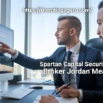 Spartan Capital Securities LLC broker Jordan Meadow providing financial advice, reviewing market trends with a client in a modern office setting.