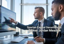 Spartan Capital Securities LLC broker Jordan Meadow providing financial advice, reviewing market trends with a client in a modern office setting.