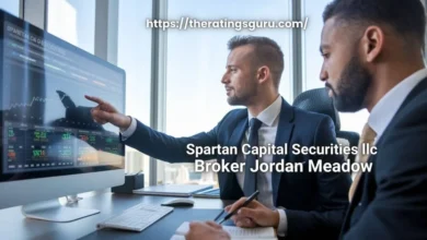 Spartan Capital Securities LLC broker Jordan Meadow providing financial advice, reviewing market trends with a client in a modern office setting.