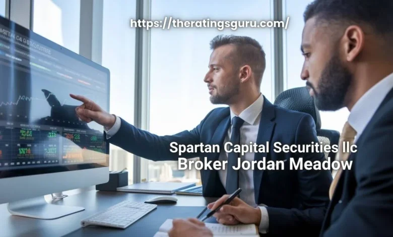 Spartan Capital Securities LLC broker Jordan Meadow providing financial advice, reviewing market trends with a client in a modern office setting.