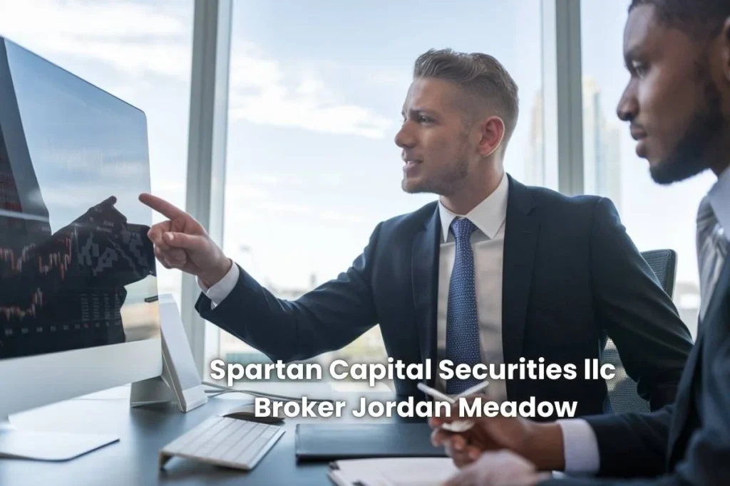 Spartan Capital Securities LLC broker Jordan Meadow providing financial advice, reviewing market trends with a client in a modern office setting.