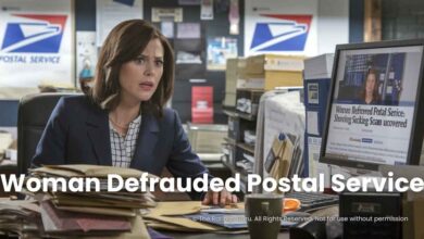 Shocked woman at desk in a postal office, looking at a computer screen showing news about a postal service fraud.