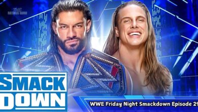 A promotional image for WWE Friday Night SmackDown Episode 29 featuring wrestlers Roman Reigns and Matt Riddle, with the SmackDown logo prominently displayed.