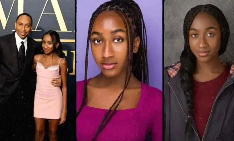 a collage of three photos featuring Stephen A. Smith's daughter. In the first photo, Stephen A. Smith is standing beside his daughter, who is dressed in a light pink dress. The middle image shows her looking directly at the camera in a close-up with her hair styled in braids and wearing a magenta top. The third image presents her in a casual outfit with a braided hairstyle and a gentle expression.